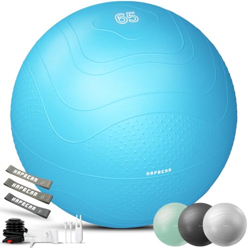 HAPBEAR Exercise Ball- Anti-Burst Slip-Resistant Yoga/Pilates Ball for Core Training & Posture Improvement, Home Gym/Rehab/Pregnancy Ball, Quick Pump & 3 Resistance Bands Included - color: Sky Blue, size: L (23-26IN / 58-65cm)