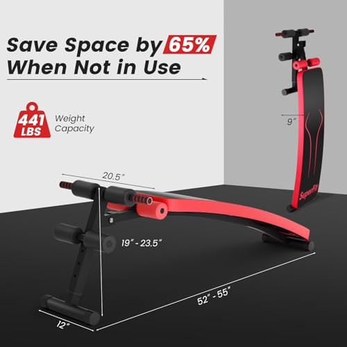 GYMAX Sit up Bench, Folding Adjustable Workout Bench for Ab Exercise, Curved Incline/Decline Slant Bench, Foldable Strength Training Weight Bench, Situps Abs Workout Equipment - color: Red