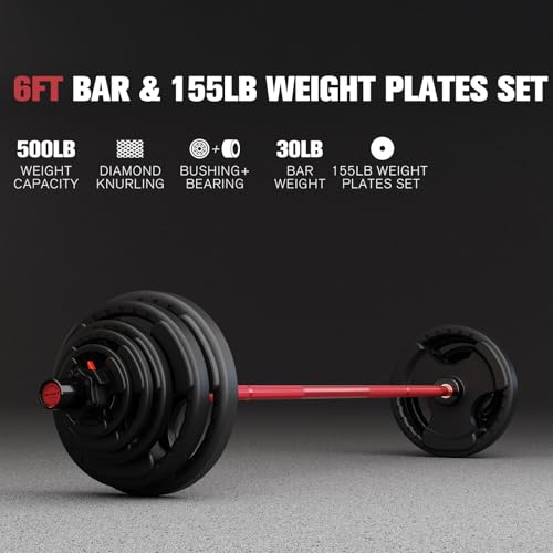 RitFit Barbell Weight Set - 4/6FT Olympic Barbell with Weight Plates (55-115LB Total) - Weightlifting Equipment for Squats, Curls, Deadlifts, Presses, Hip Thrusts - color: Black/Red, size: 6FT With 155LB Plates