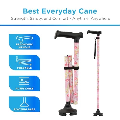 NOVA Foldable Quad Cane for Seniors, Self Standing Adjustable Walking Cane with Pivoting Quad Tip, Lightweight Collapsible Mobility Aid, Bonus Carry Pouch & Replacement Tips, Pink Floral - color: Pink Floral
