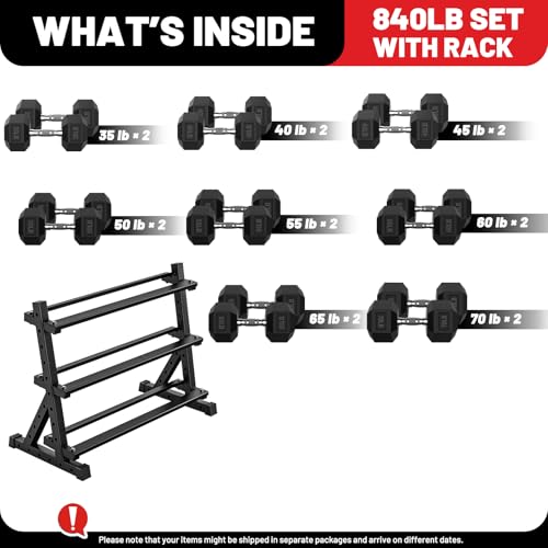 PAPABABE Dumbbell Set with Rack Dumbbells Rubber Encased Home Gym | PAPABABE Complete & Durable Cast Iron Core Odorless PVC Antiroll Hex Shape Ergonomic Chrome Handle Versatile Home Gym - size: 840LB with 3-Tier Weight Rack