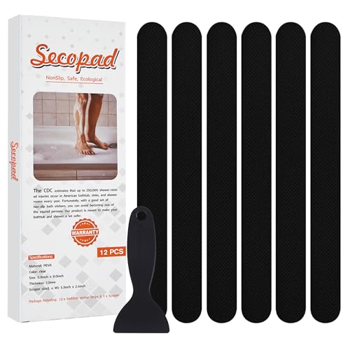 Secopad Original Anti-Slip Shower Stickers for Bathtub & Shower Floor, Strong Adhesive Safety Strips with Scraper Ideal for Families with Kids, Adults & Seniors, 12 PCS (Black) - color: Black