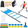Hands Free Speed Agility Training Equipment Set - 20ft Agility Ladder, 10 Disc Cones, Resistance Parachute, 5 Resistance Bands & Carry Bag | Football Soccer Basketball Fitness Drills - color: Blue