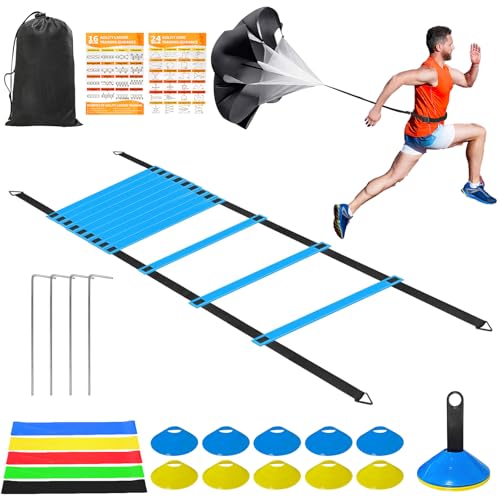 Hands Free Speed Agility Training Equipment Set - 20ft Agility Ladder, 10 Disc Cones, Resistance Parachute, 5 Resistance Bands & Carry Bag | Football Soccer Basketball Fitness Drills - color: Blue