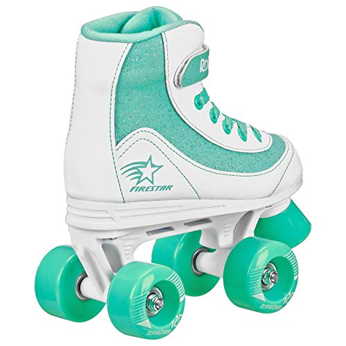 Roller Derby Firestar Youth Skates for Girls, Boys, Beginners, Kids - color: White/Mint, size: 4