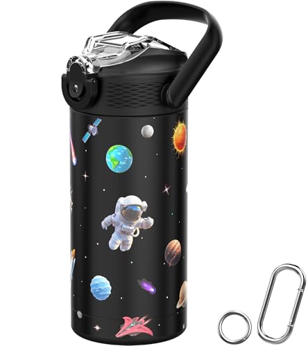 MYFOREST 14oz/400ml Insulated Kids Water Bottle, Odor-free Liner, 3D Touch | No Plastic Taste, Surgical Steel - No Chemical Leaching, Name Spot, Soft Sipper, Gift for Astrophile, Black. Space - color: Black. Space