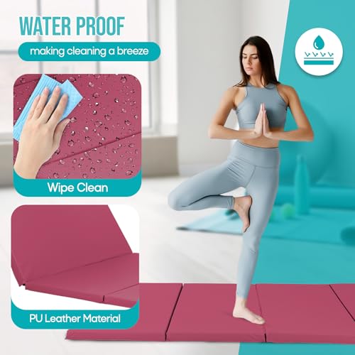 Gymnastics Mat - Tumbling & Exercise - 4 Folding - Indoor/Outdoor - Extra Thick - High Density - Yoga & Arts - color: BURGUNDY