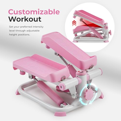 Sunny Health & Fitness Mini Stair Stepper w/Resistance Bands for Home Gym | Full Body Cardio, Adjustable Step Height, Hydraulic Resistance, LCD Meter, No Assembly, 300 lb Capacity, SunnyFit App - color: Pink