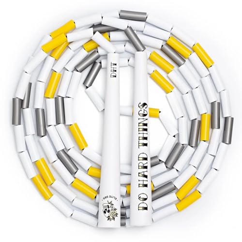 Elite Jumps Edge Beaded Adjustable Jump Rope, Do Hard Things | Tangle-free 1-inch shatterproof beads. Long edge handles. Adjustable for all ages. - color: White/White-Yellow-SiIver