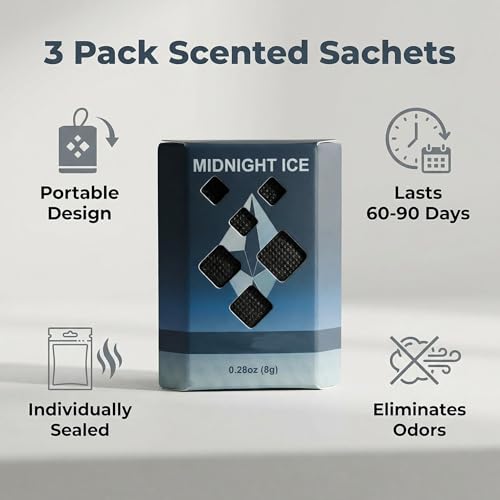Midnight Ice Scented Sachets, 3 Pack Hanging Closet Deodorizer for Drawers, Wardrobes, Bags, Suitcases and Small Spaces