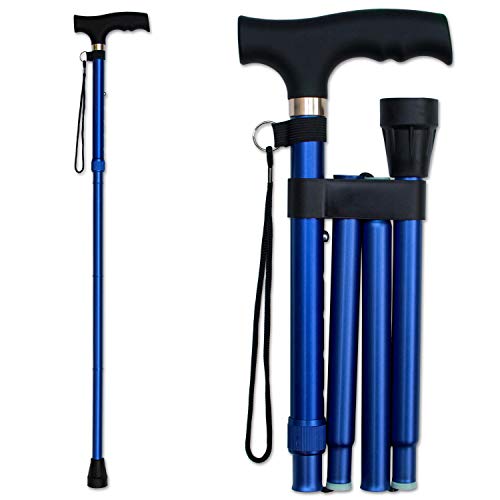 RMS Folding Cane - Foldable Walking Cane with Adjustable Height - Collapsible and Lightweight - Soft Ergonomic Handle for Comfortable Grip - Portable Walking Stick for Mobility Aid - color: Blue