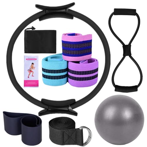 Karlak Yoga Sets for Women Pilates at Home Equipment Pilates Magic Ring Booty Bands for Working Out Glutes Yoga Ball 25cm Figure 8 Resistance Band Yoga Bands for Stretching - color: Black