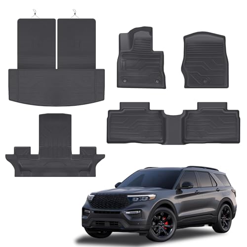 KARPAL Floor Mats for 2020-2025 Ford Explorer (Fit 6 & 7 Seat), Custom Fit TPE All Weather Ford Explorer Accessories 1st & 2nd & 3th Row Floor Liner & Trunk Mat with Backrest Mat - style: 2020-2025 | For Ford Explorer | Full Set