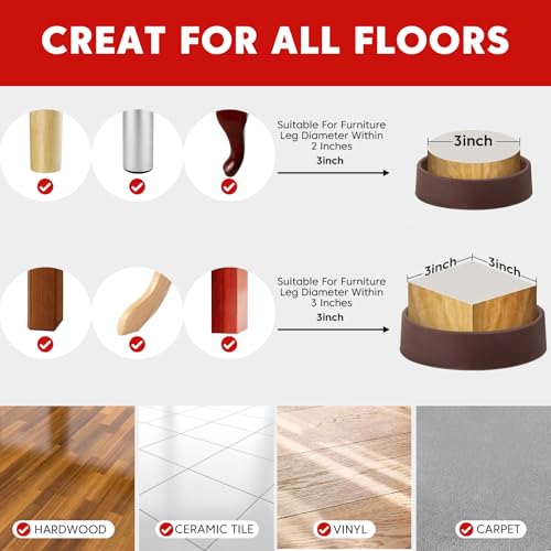 Non Slip Furniture Pads, 3"x3" Round Rubber Furniture Caster Cups Anti-Sliding Bed Stopper, Anti Grippers Floor Protectors for Furniture Bed, Couch, Chair Leg(Brown, 4 Pack) - size: 3" x 3" (Set of 4)-Round