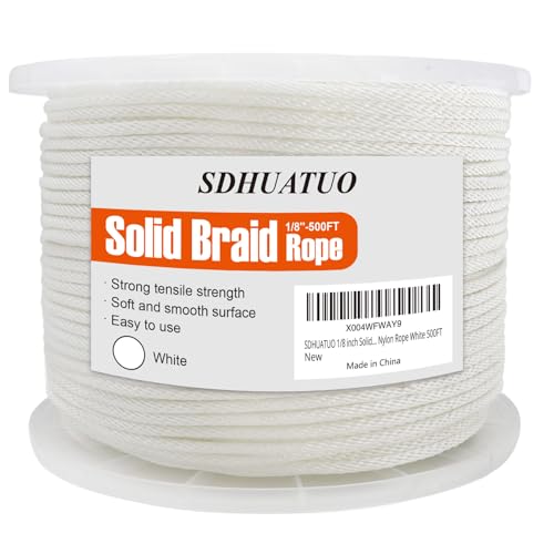 SDHUATUO 1/8 Inch Nylon Solid Braided Rope, 500FT Polyester Cord White | 260 lbs, UV Resistant & Wearproof, Soft Flexible Rope for Binding, Flower Baskets and Other Handicrafts, Gardening - color: White, size: 1/8''-500ft
