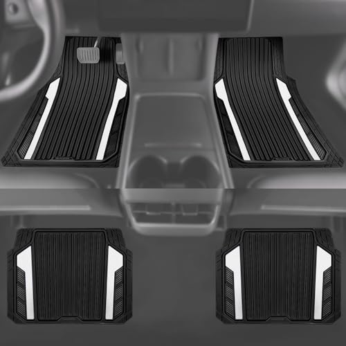 CAR PASS Heavy Duty Rubber Car Mats Metallic,Aluminum Film All Weather Floor Mats Waterproof Universal Trim to Fit SUVs Sedans Vans 4 Piece Anodized Deep Dish Two-Tone Sporty Black White Chrome - color: Black White