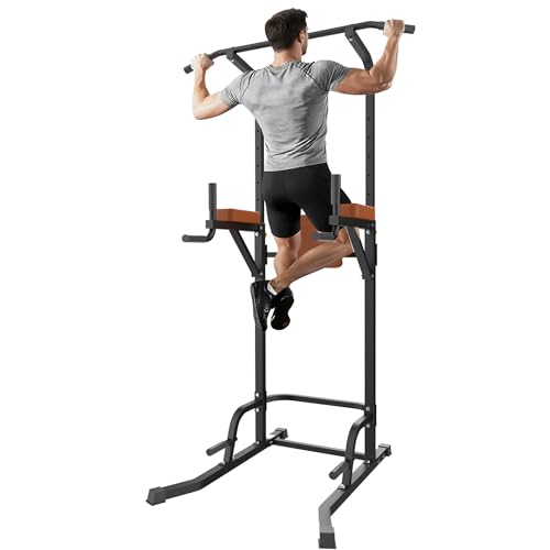 Power Tower Pull Up Station with Arm Rests Back Pad and Flared H-Shaped Base - color: Black/Brown
