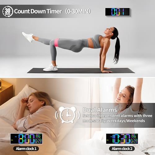 16.5" Digital Wall Clock with Bluetooth Auto-Sync, Large LED Display, Smart Auto Dimming, DST, Remote Control, Night Light, Date & Temperature for Living Room, Gym, Office, White - color: White-multicolor