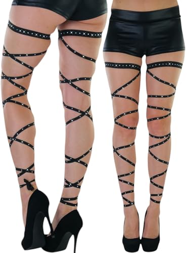 ToBeInStyle Women's Leg Wraps Ravewear Dancewear Elastic Straps Party Garter Music Festivals Costume Accessory Thigh High - color: Footless Criss Cross Tie W/ Abundant Rhinestones - Black, size: One Size
