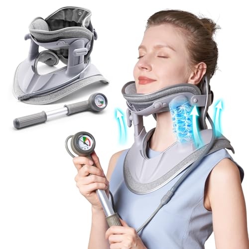 Cervical Neck Traction Device, Adjustable Cervical Traction Device with 3 Power Traction, 8 Airbag Support for Neck Pain Relief Neck Stretcher Air Pump Neck Brace - color: Grey Manual Air Pump