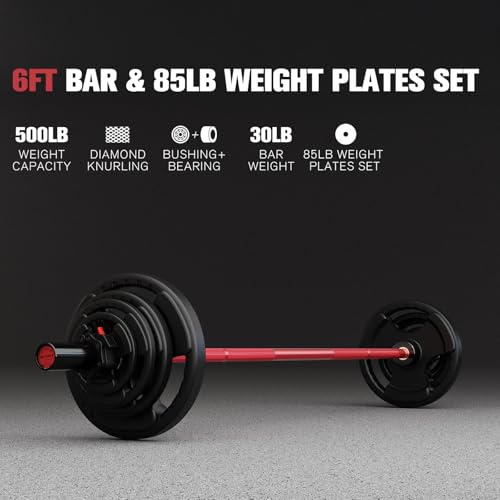 RitFit Barbell Weight Set - 4/6FT Olympic Barbell with Weight Plates (55-115LB Total) - Weightlifting Equipment for Squats, Curls, Deadlifts, Presses, Hip Thrusts - color: Black/Red, size: 6FT With 85LB Plates