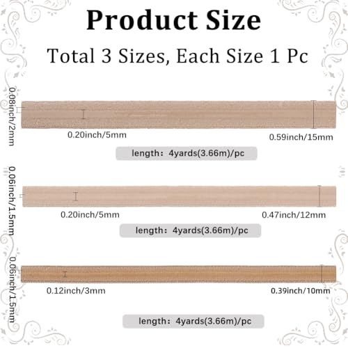 GORGECRAFT 3 Rolls 11Ms Non-Slip Elastic Band Gripper Tape Ribbon Roll with Rubber 10mm 12mm 15mm Wide Stretch Strap Fibre Webbing for Sewing Crafting DIY Headband Garments Sports Wig Hats Bags