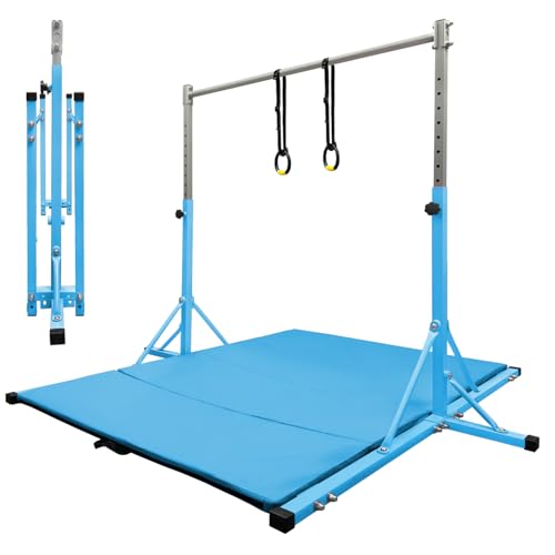 Gymnastics Bar for Kids Girls Ages 3-15 with Ring for Home Indoor Training Equipment- Steady Steel Construction, Anti-Slip, Easy to Assemble, 3' to 5' Adjustable Height - color: TEAL, size: 4.8FT, style: FOLDABLE BAR WITH MAT&RING