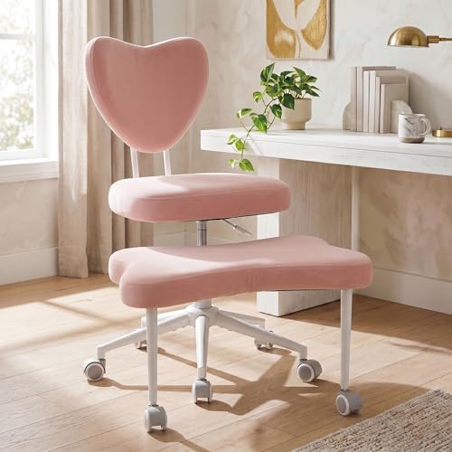 Cross Legged Office Chair with Wheels, 360 Swivel Height-Adjustable Meditation Chair with Lumbar Support, Pink - color: Pink, size: Heart Back with Rectangular Cushion