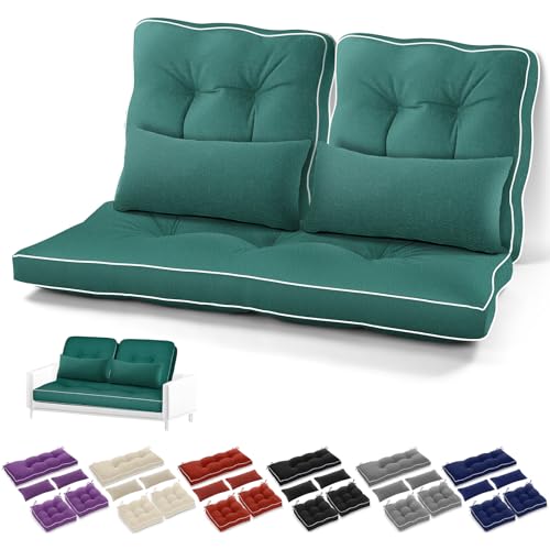 Chunful Set of 5 Outdoor Bench Cushions Set 44 x 19 Inch Tufted Waterproof Patio Furniture Seat Pad with Throw Pillows Loveseat Cushion for Square Settee Indoor Sofa Wicker Couch(Green) - color: Green