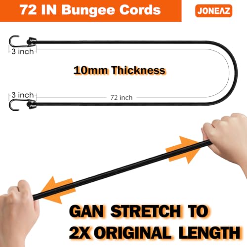 72" Jumbo Bungee Cords with Hooks, 10mm Thick 200lbs High Tension, Marine Grade UV Resistant Extra Long Straps for Kayaks, RVs and Outdoor Covers - color: Black, size: 72 inch