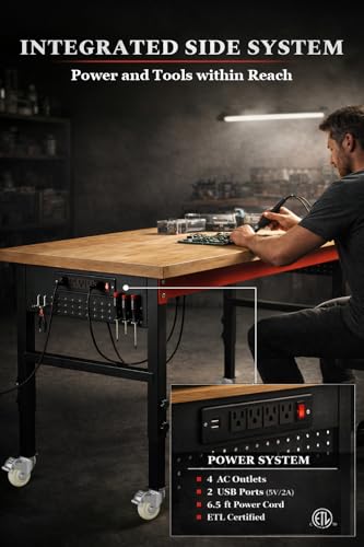 70" Heavy Duty Workbench, 2500 LBS Load Capacity Work Bench with 1.2" Laminated Oak Wood Top & Reinforced Steel Frame, Adjustable Height Work Table for Garage, Workshop, Office, Home (Casters) - size: 70"丨Casters
