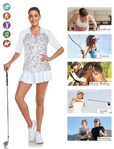 Cucuchy Womens Golf Shirt Half Sleeve Quarter Zip Polo Tennis Shirts Workout Tops - color: A-marble White, size: Medium