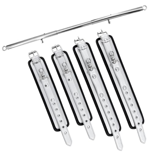 Spreader Bar Heavy Duty Stainless Steel Adjustable Bar with 4 pcs PU Cushioned Straps for Yoga, Pilates, Fitness Training, Home Gym Equipment and more. - color: Silver