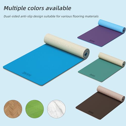 HAHE Wide Yoga Mat 72"x32"x0.4" Thick Pilates Mat with Carrying Strap | Exercise Mats for Home Workout, Wide Non-slip Exercise Mats, Double-Sided POE Fitness Mat for Yoga, Pilates & Travel - color: Blue+Milk Coffee