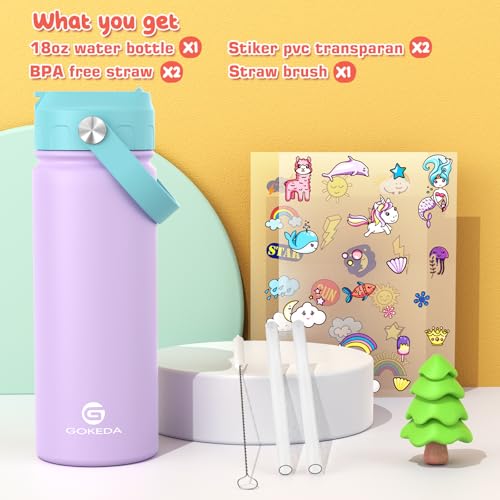 GoKEDA 18oz Kids Water Bottle, Insulated Water Bottles with Stickers, 18/8 Stainless Steel Vacuum Leak Proof Straw Cup for School, Gifts for Girls(Purple) - color: Purple