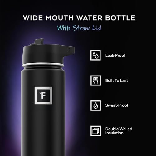 IRON °FLASK Camping & Hiking Hydration Flask with Straw, Wide Mouth Insulated Stainless Steel Sports Water Bottle - 40 oz Midnight Black | Insulated Stainless Steel Sports Water Bottle with Leakproof Straw Lid - BPA Free, Cold 24 Hrs, Sweat Free (Midnight