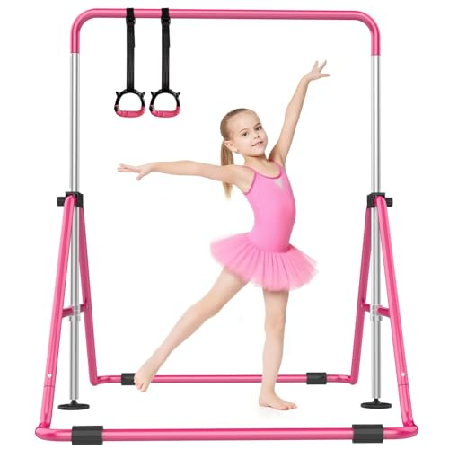 SHIWEI Gymnastics Bar for Kids, Gymnastic Kip Bar 5-Height Adjustable Home | Foldable, Indoor Outdoor Use, 140lb Capacity, for Ages 3-8, with Gymnastics Rings, Anti-Slip & Space-Saving Design - color: Hot Pink