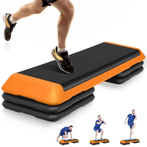 F2C 43 inch Aerobic Exercise Step Platform Adjustable Height Stepper Exercise Workout Step Bench with 4 Risers 4" - 6" - 8" Large Fitness Exercise Stair Step for Home Gym Fitness Training - color: Yellow