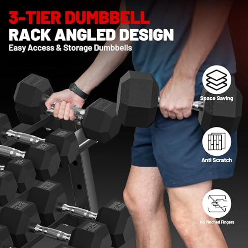 PAPABABE Dumbbell Set with Rack Dumbbells Rubber Encased Home Gym | PAPABABE Complete & Durable Cast Iron Core Odorless PVC Antiroll Hex Shape Ergonomic Chrome Handle Versatile Home Gym - size: 840LB with 3-Tier Weight Rack