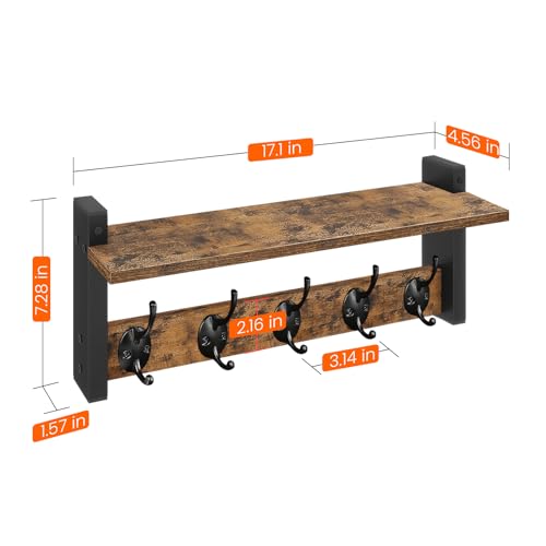 Homode Wall Hooks with Shelf, Wood Coat Rack with Shelf Wall-Mounted, Entryway Hanging Shelves with 5 Metal Hooks for Clothes Hats Towel Purse Robes, Bathroom Mudroom Bedroom, Rustic Brown Black - color: Rustic Brown, size: 17.1 Inch Long