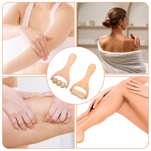 Telooco 2Pcs Wooden Massage Roller, Handheld Wood Massage Tools - Wood Roller for Back Leg Foot Muscle Relief