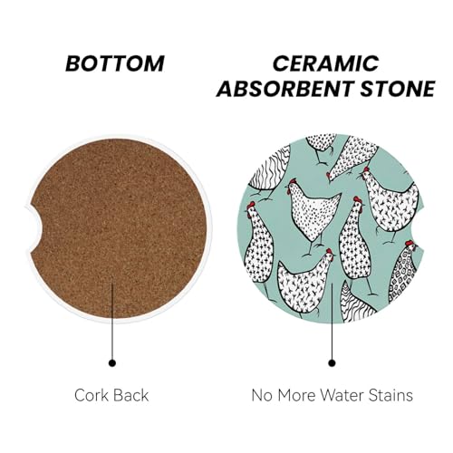 Cute Chickens Car Coasters for Cup Holders, 2 Pack Absorbent Ceramic Drink Cup Coaster for Women Men, Auto Interior Accessories - color: T21
