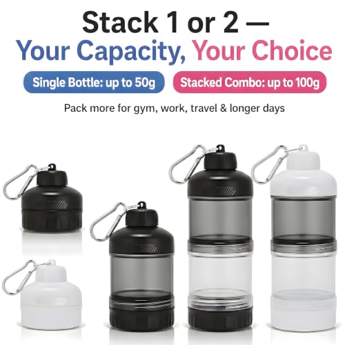 2 Pack Protein Powder Container to Go with Keychain & Keyring, Large Capacity, Clear, Leakproof, Ideal for workouts, fitness, or travel - color: Black&White