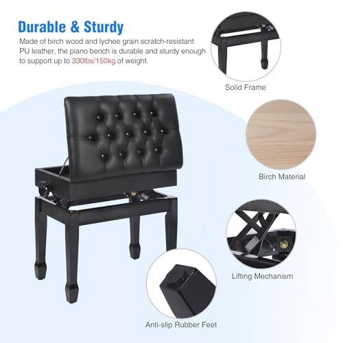 Adjustable Height Piano Bench with Storage, Heavy Duty Wooden Piano Stool Keyboard Bench with PU Leather Cushion, Black - color: Black Matte