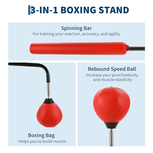 3-in-1 Adjustable Height Boxing Punching Bag Stand, with Speed Ball & Rotating Bar, Suction Base, for Home Gym Training, Red
