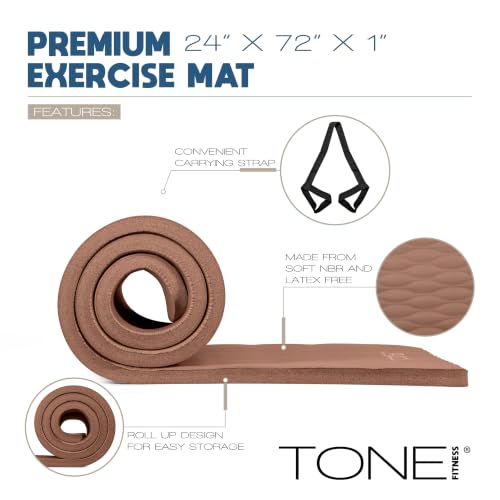 Tone Fitness 1-Inch Thick Yoga Mat | High-Density, Non-slip Exercise Mat with Carrying Strap for Yoga, Pilates, & Home Gym Workouts | Multiple Options - color: Mocha, style: Mesh