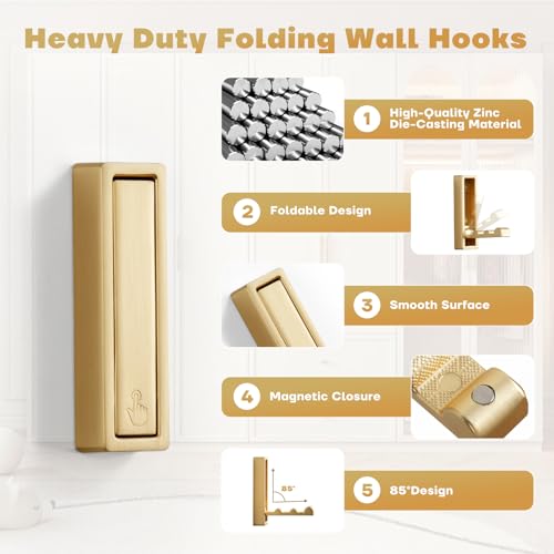 Folding Coat Hooks, 2Pcs Foldable Heavy Duty Wall Hooks Zinc Alloy No Rust Fold Up Hooks for Coat, Towel, Key, Hat, Bag, Jacket, Backpack. (Gold) - color: Gold, size: 2