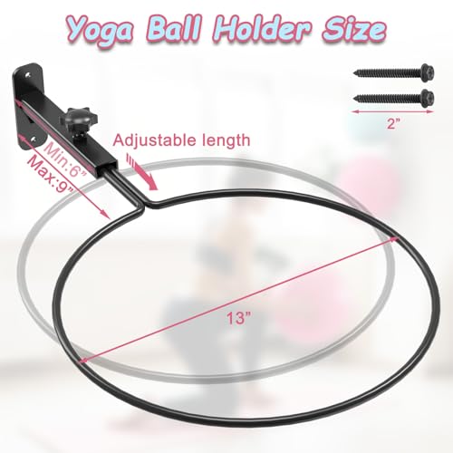 Yoga Ball Wall Mount, Adjustable Exercise Ball Holder(2Pack) | Fits 12–26 Inch Balls, Large Ring Design, Adjustable Support Arms, For Yoga & Exercise Balls, Keeps Gym Organized