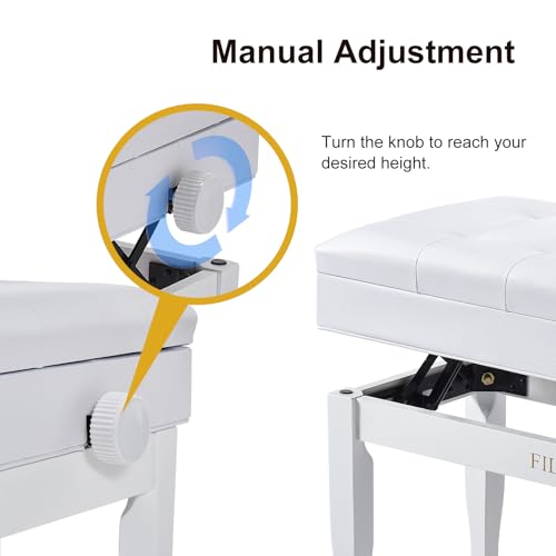 Adjustable Height Piano Bench with Storage, Solid Wood Duet Keyboard Stool, Waterproof Padded Seat Cushion, Multi-Use Bench for Piano, Vanity, Living Room, Bedroom XJ750-4(White) - color: White