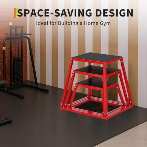 Plyometric Jump Box Set 12/18/24 Inch, Rectangle Steel Jump Plyo Box with Anti-Slip Platform for Home Gym, Strength Training & Conditioning Workouts for Men and Women, Red